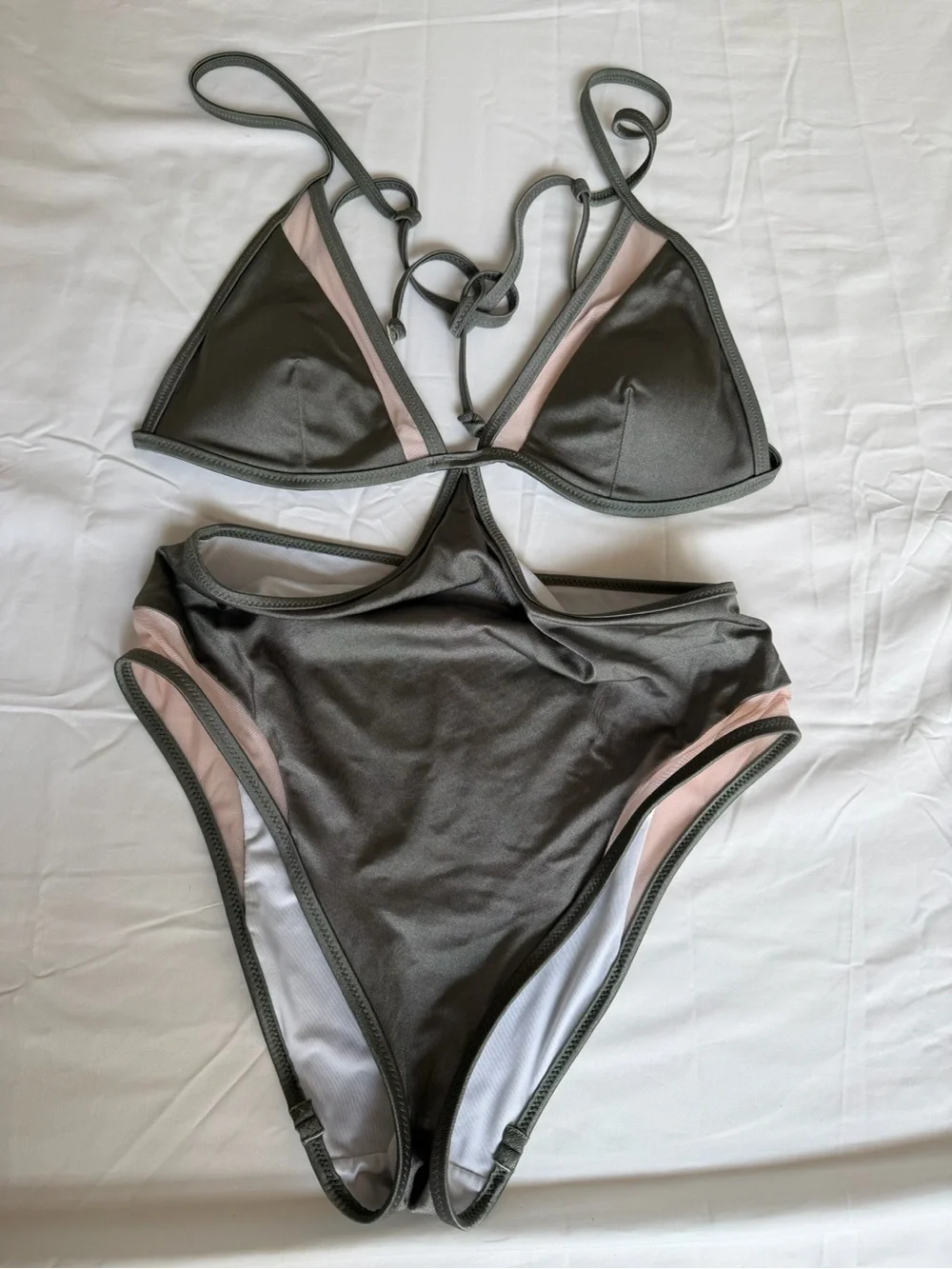 PINK Victoria's Secret Two-Piece Triangle Bikini in Dark Gray with Blush Accents
